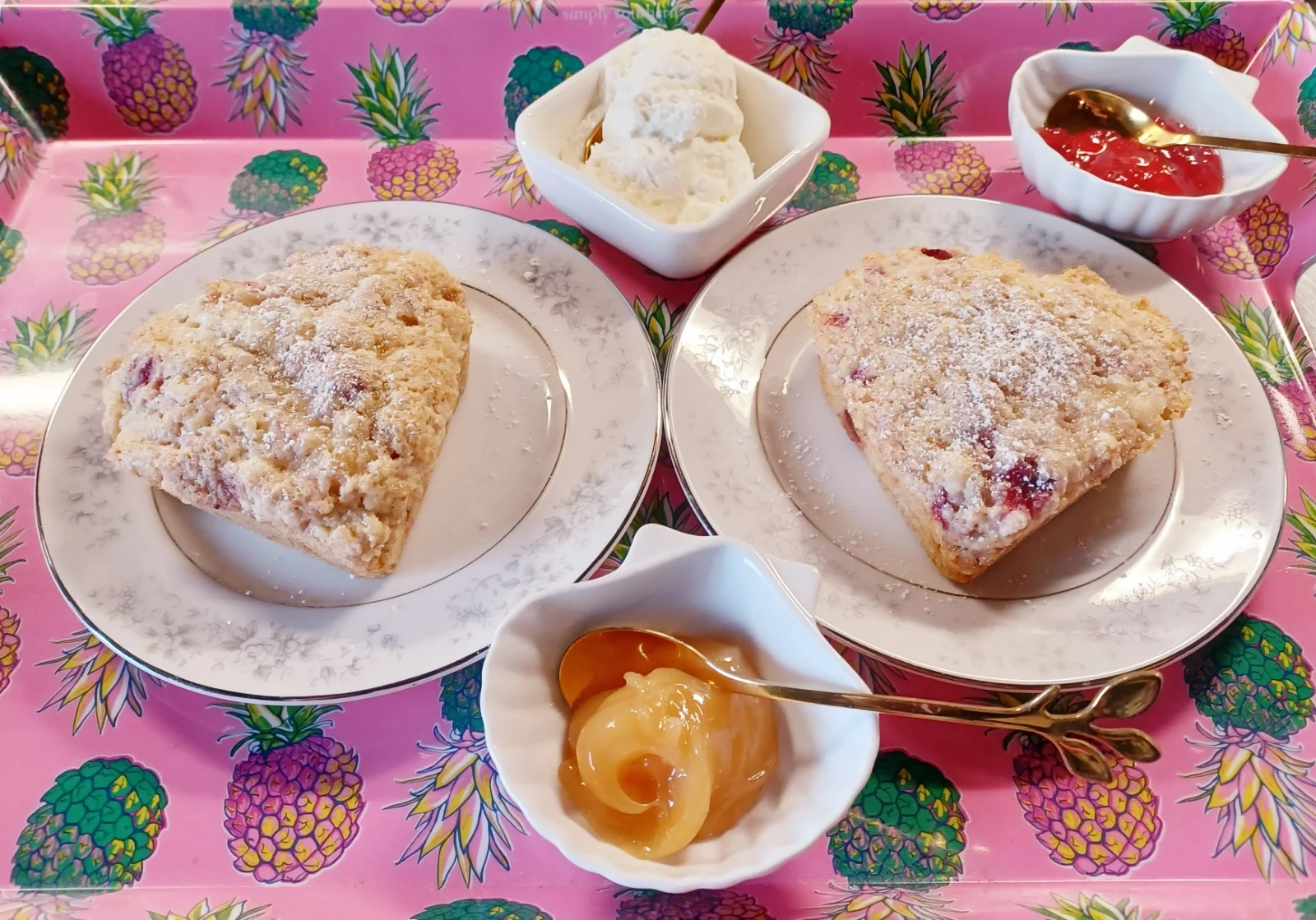 Strawberry heart shaped scones with lemon curd