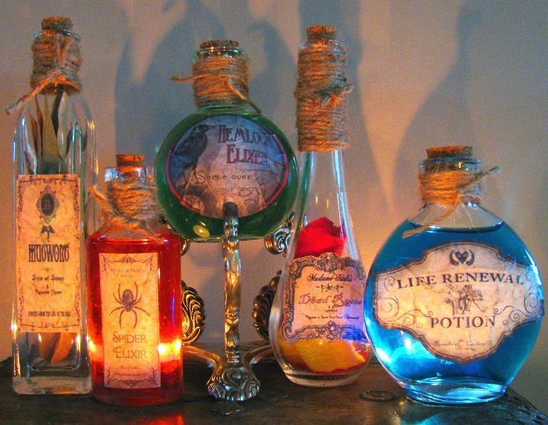 Bottles of Halloween themed potions